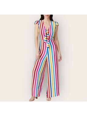 Color Me Courtney Striped Sheree Jumpsuit | Size 6 | Rainbow Romper Cap Sleeves
